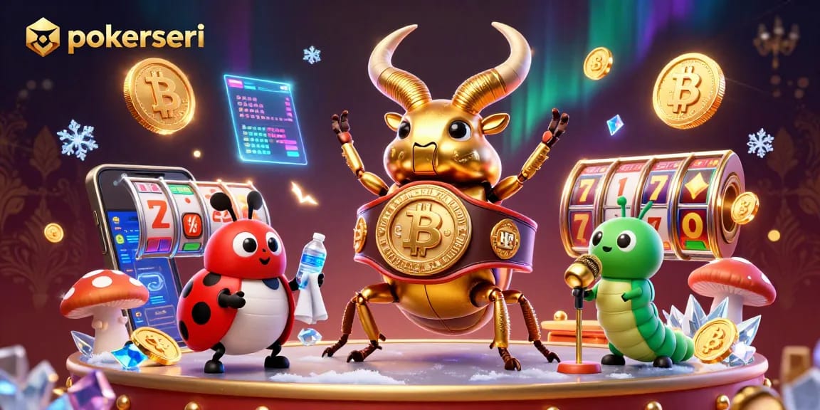 Engage with pokerseri's captivating gaming experience featuring a golden stag beetle and vibrant crypto elements.