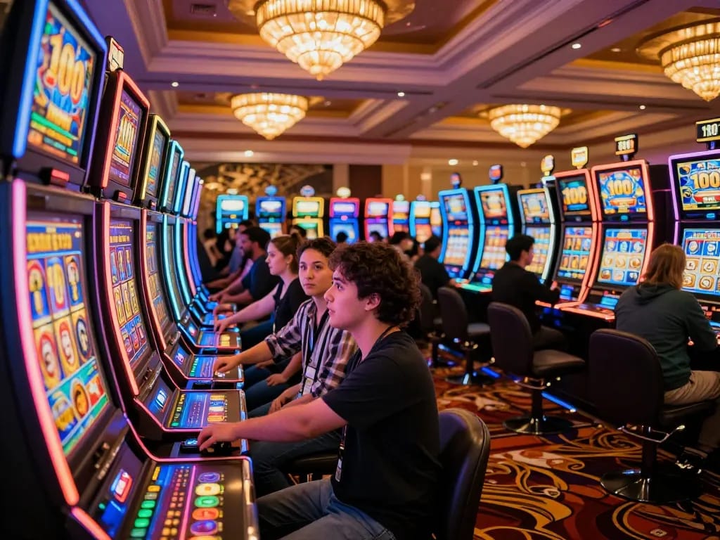 Engaging scene showing players excitedly chasing the slot bonus 100 at a casino.