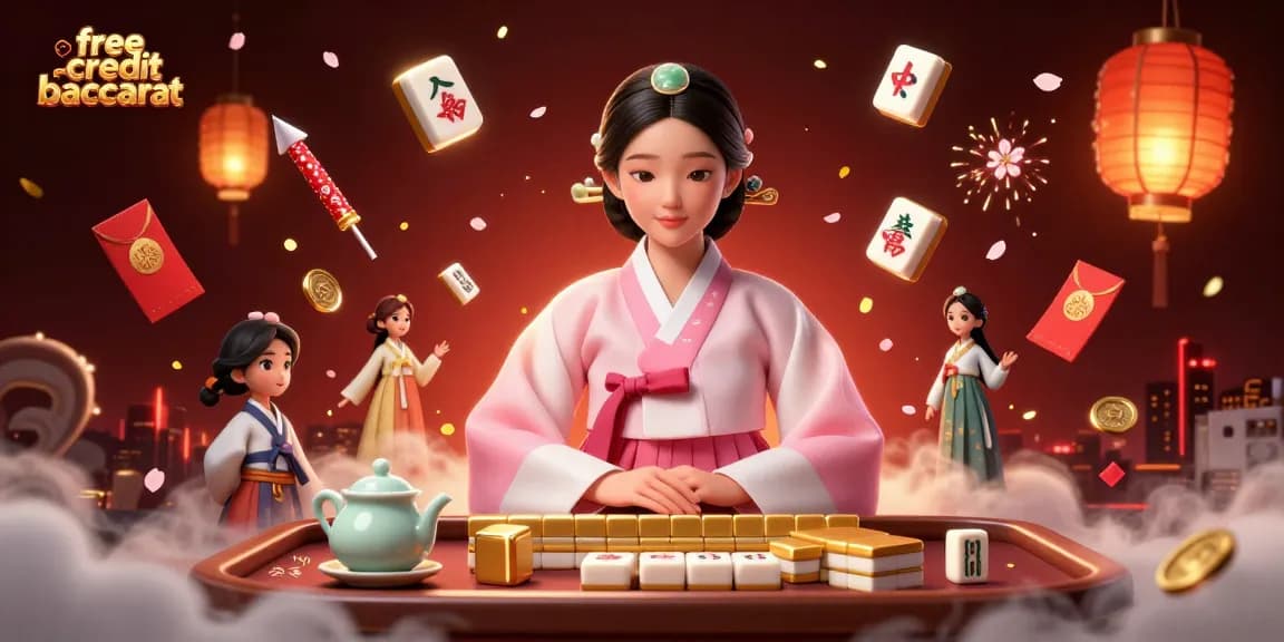 Engage with free credit baccarat at a vibrant casino scene featuring an elegant woman in traditional attire.