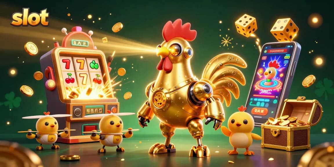 Engage in exciting slot gameplay with a dynamic golden rooster robot and chick drones amidst jackpot treasures.