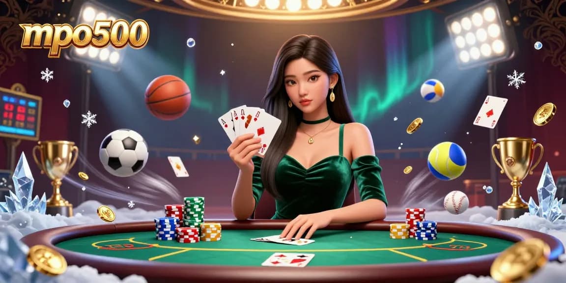 MPO500 gamblers strategize at a luxury poker table surrounded by dynamic sports elements, showcasing a vibrant gaming atmosphere.