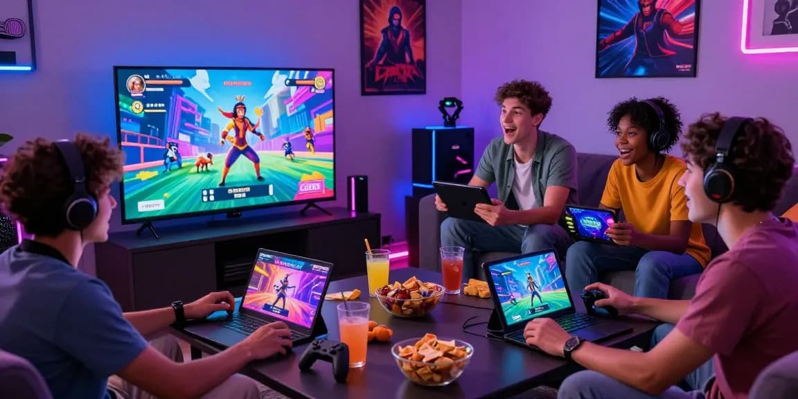 Exciting scene of friends playing porngame in a cozy living room with vibrant gaming atmosphere.