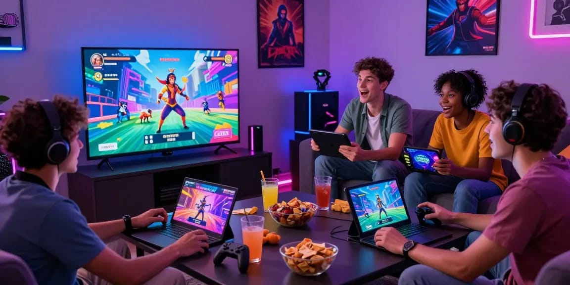 Exciting scene of friends playing porngame in a cozy living room with vibrant gaming atmosphere.