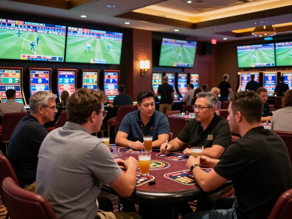 Betting enthusiasts enjoying a strategic moment at rikvip's sports lounge with engaging live events