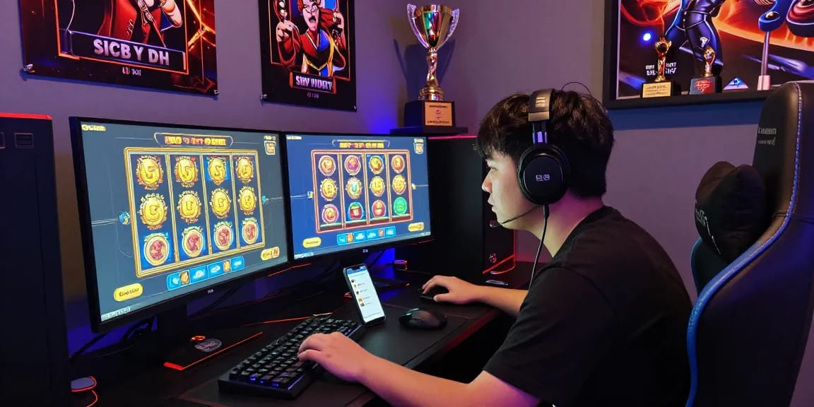 Excited player engaging in slot gacor gameplay with dual monitors and gaming decor.
