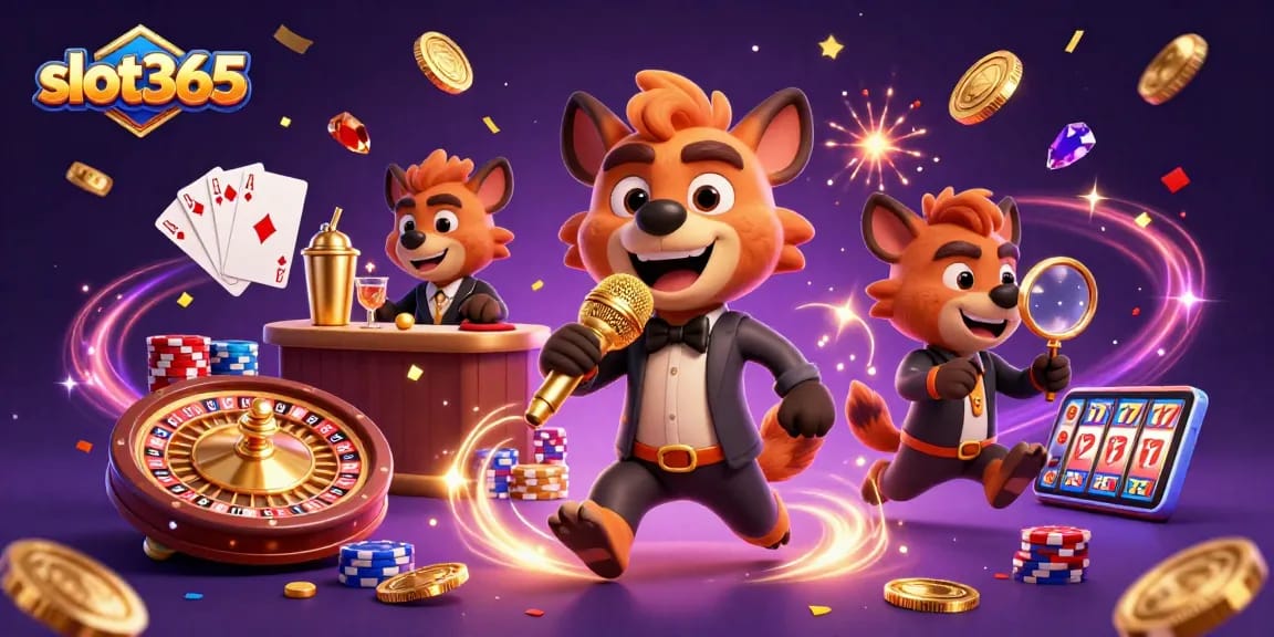 Experience excitement at slot365 with lively hyenas in a vibrant casino atmosphere.