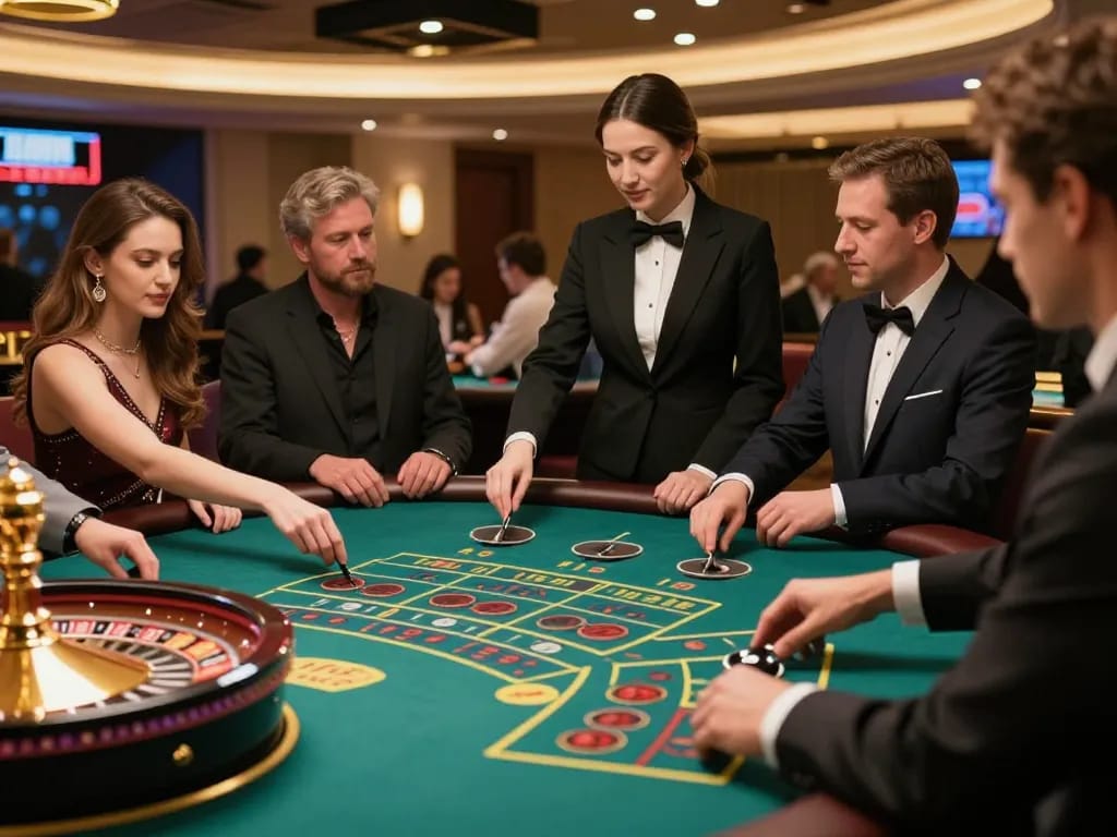 KJC players placing bets at a luxurious roulette table in a live dealer casino environment.