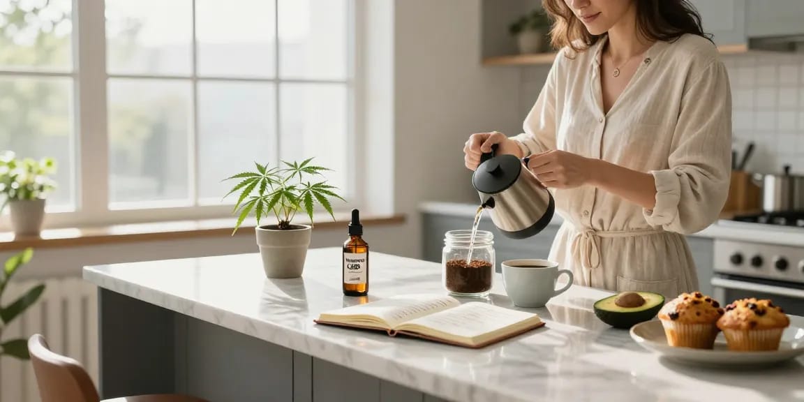 CBD Coffee preparation in a bright kitchen, infused with organic wellness elements and hemp extract.