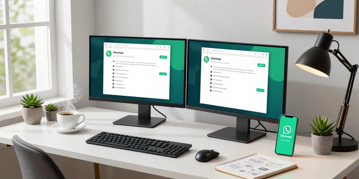 Using WhatsApp電腦版 on a sleek desktop, showcasing a modern workspace with vibrant lighting.