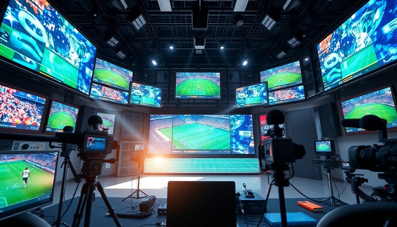Sports broadcasting setup showcasing vibrant screens and equipment in an energetic studio.