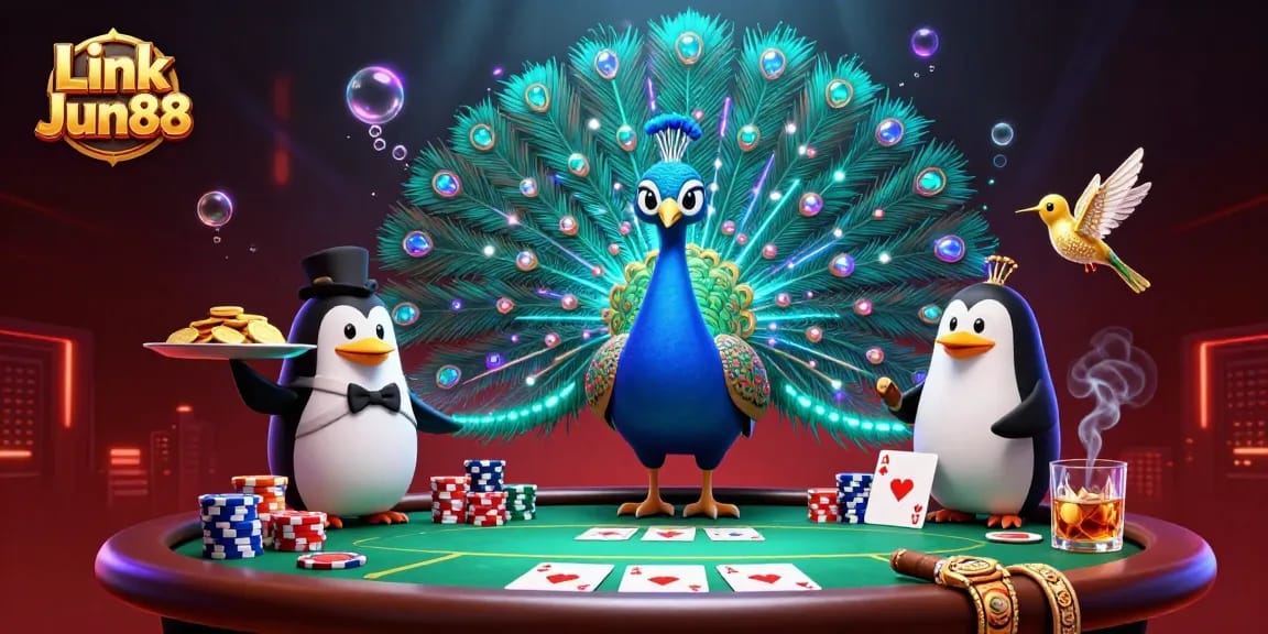 Experience Link Jun88 with vibrant casino fun, featuring intricate gaming elements and lively characters.