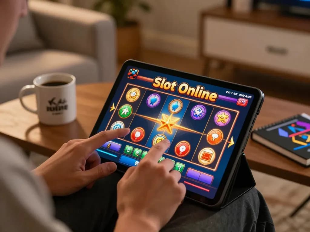 Player tapping tablet during Slot Online game session in cozy living room.