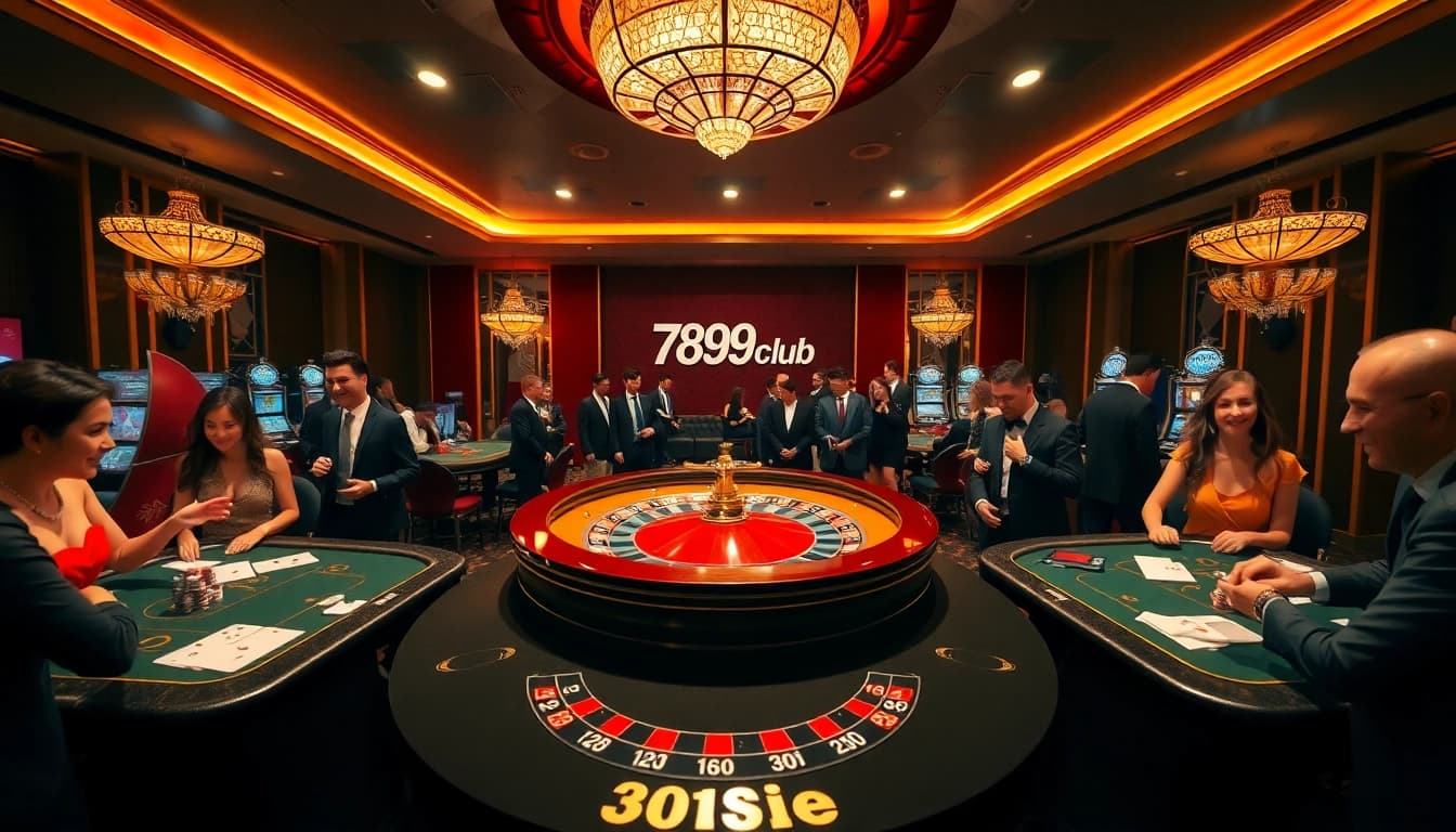 Exciting scene at 789club casino featuring roulette wheel, gaming tables, and joyful gamblers.