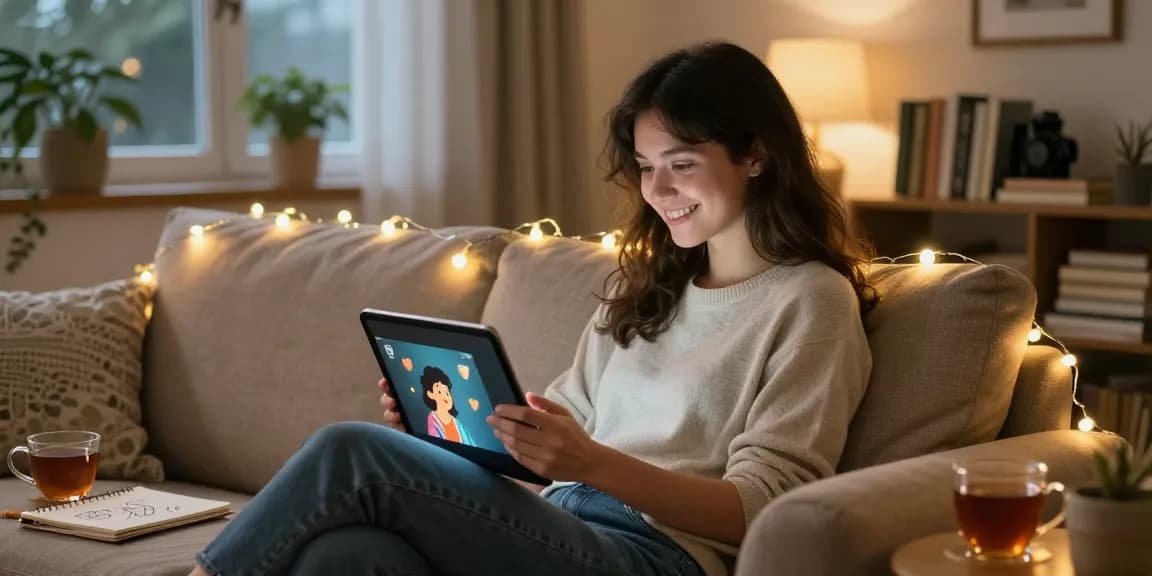 AI girlfriend conversation on tablet in cozy living room