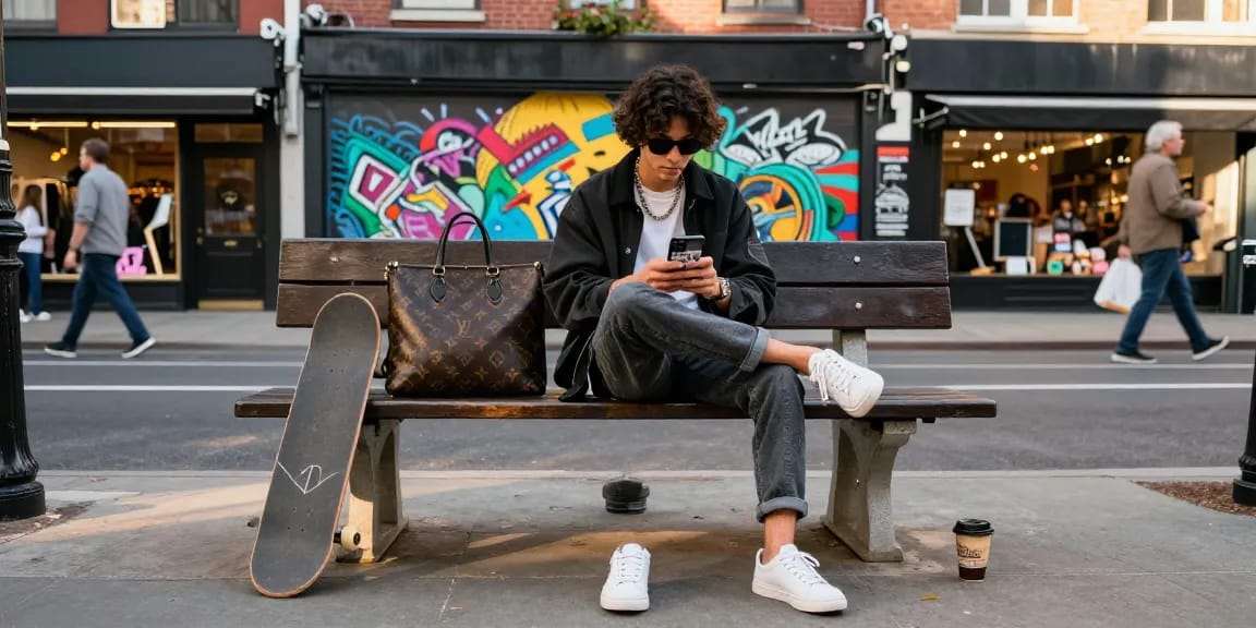 Stylish urban individual showcasing 명품 레플리카 while checking social media in a lively cityscape.