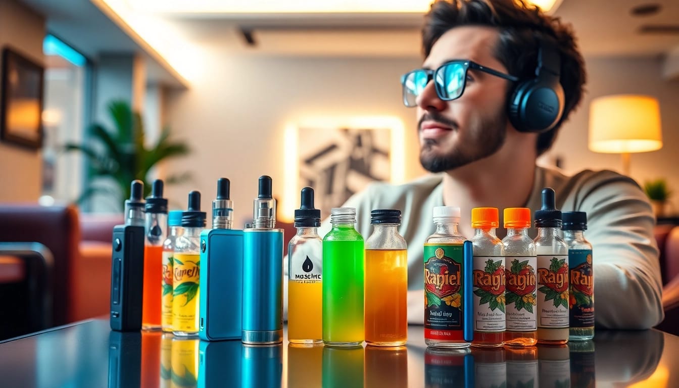 Vape & E-Liquids collection displayed with colorful bottles and devices in a modern lounge setting.