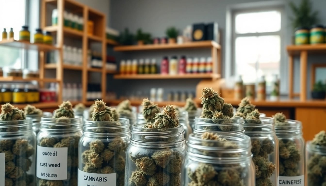 Showcasing the cost of ounce of weed through jars of cannabis buds in a professional setting.