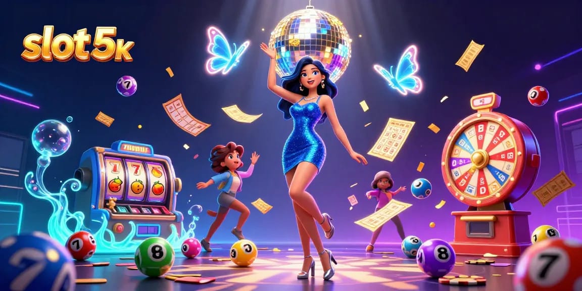 Engage with thrilling slot 5k gameplay, featuring vibrant gaming elements and a glamorous character showcasing excitement.