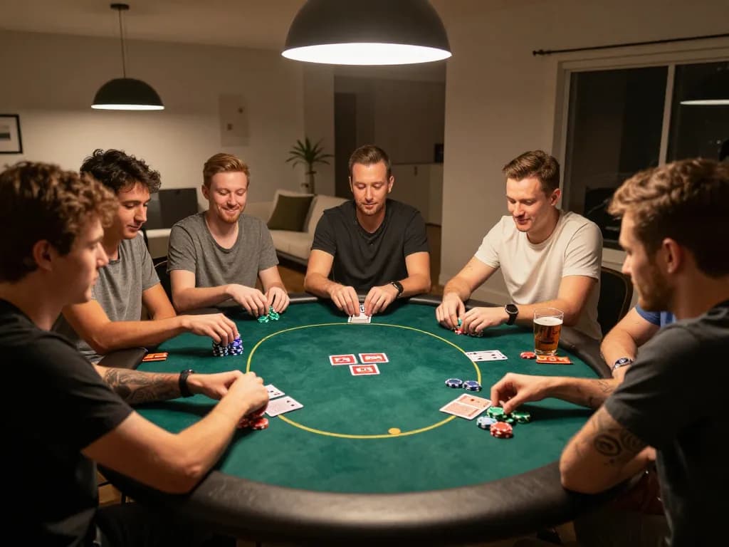 Engaged players analyzing their hands on the hidden wiki during a competitive home poker night.