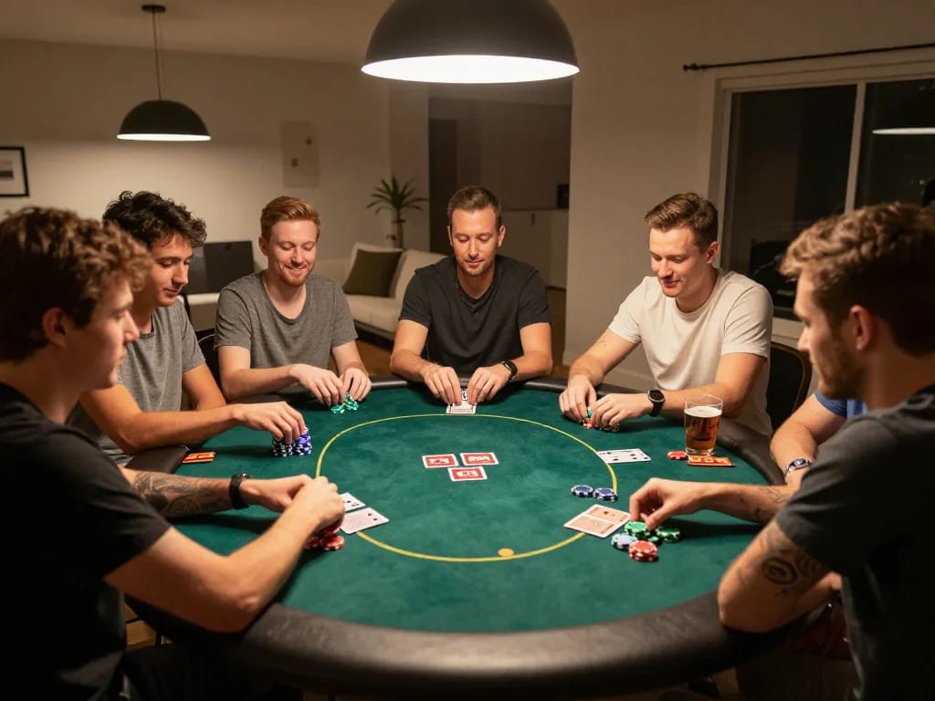 Engaged players analyzing their hands on the hidden wiki during a competitive home poker night.