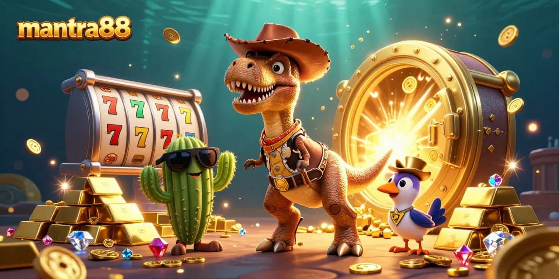 Experience the thrill of winning with mantra88's dynamic slot games featuring T-Rex, cactus, and roadrunner.