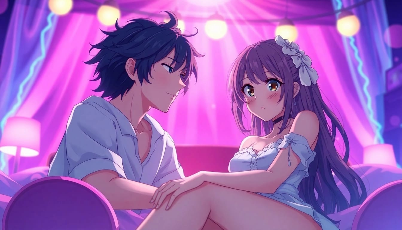 Exciting anime sex scene featuring vibrant characters in a whimsical setting.