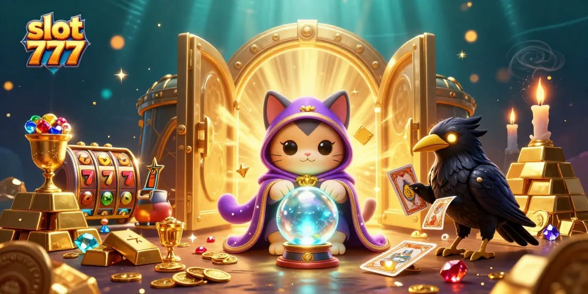 Spin to win with slot 777, where the fortune teller cat and mystical raven guide players to jackpots.