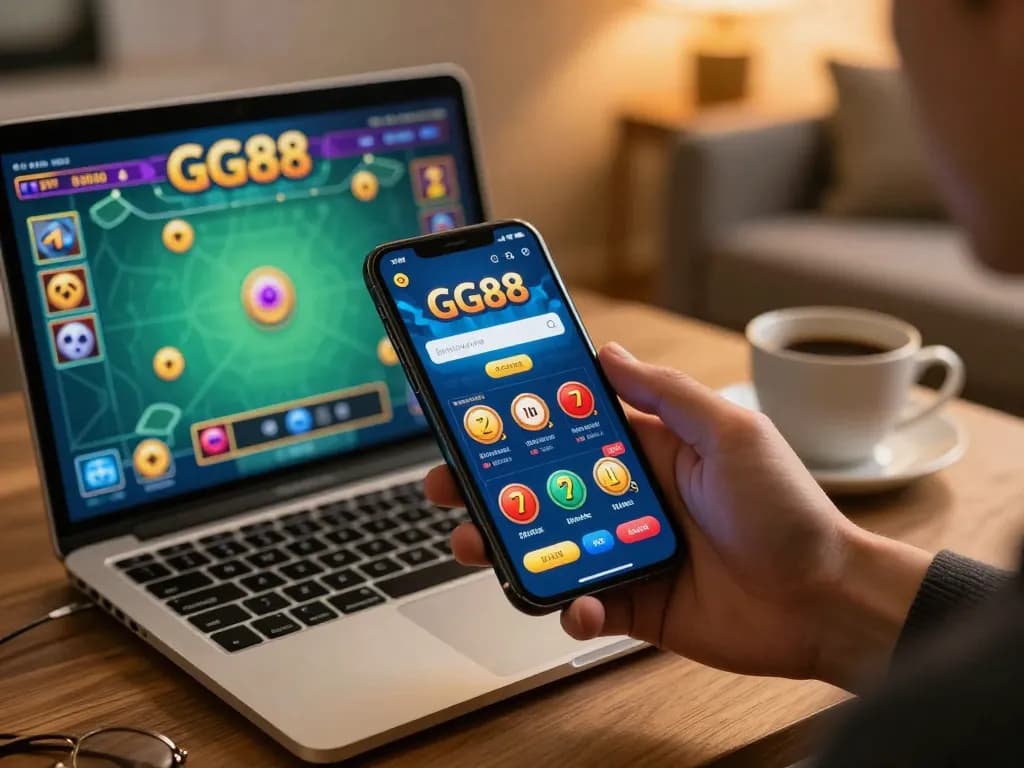 Excited player engaging with the GG88 app on their smartphone for online betting, showcasing vibrant gaming interface and cozy atmosphere.
