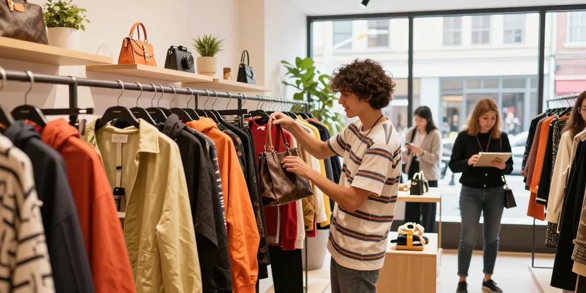 Young adult exploring high-quality 레플리카 fashion items in a stylish store, vibrant atmosphere, modern decor.