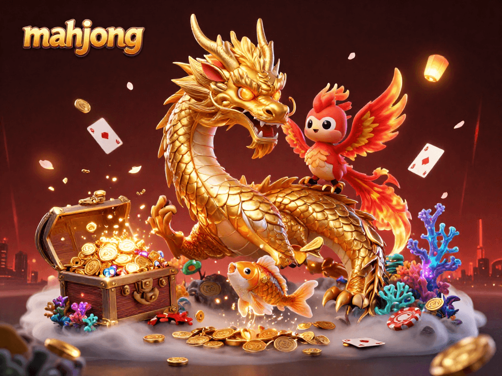 Experience thrilling mahjong action with a fierce dragon, phoenix, and koi in a vibrant casino scene.