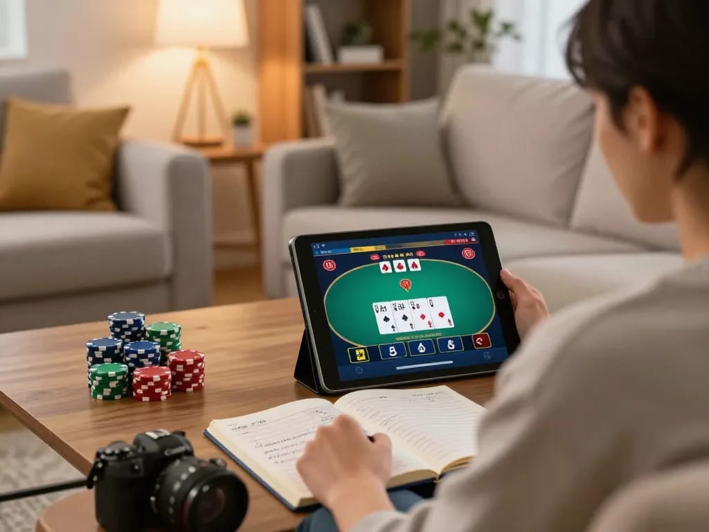 Gambling at home with 888NEW - engaging in strategy-filled online poker on a tablet.