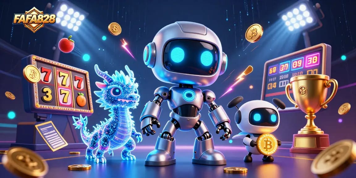 Join FAFA828's exciting jackpot adventure with a vibrant 3D scene of slots and neon elements.