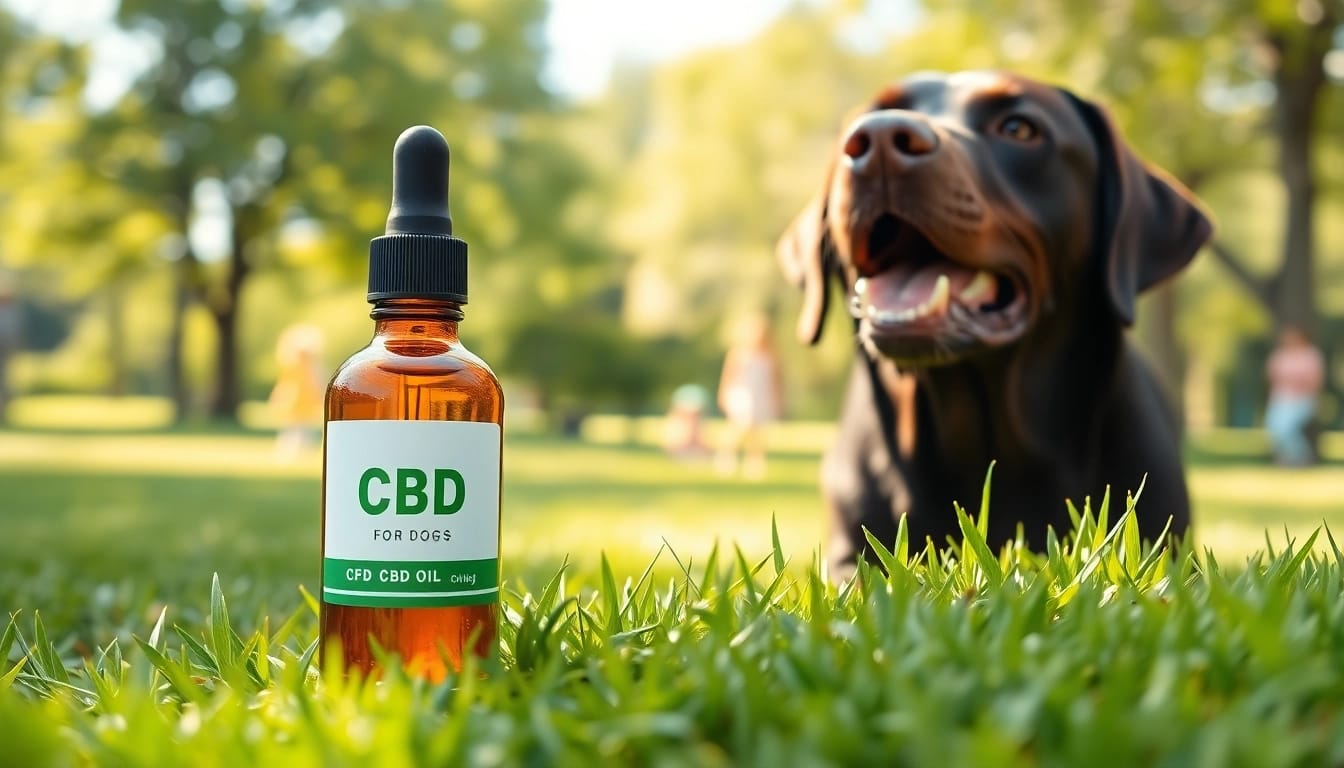 Happy Lab plays in the park with CBD Oil For Dog positioned on the grass.