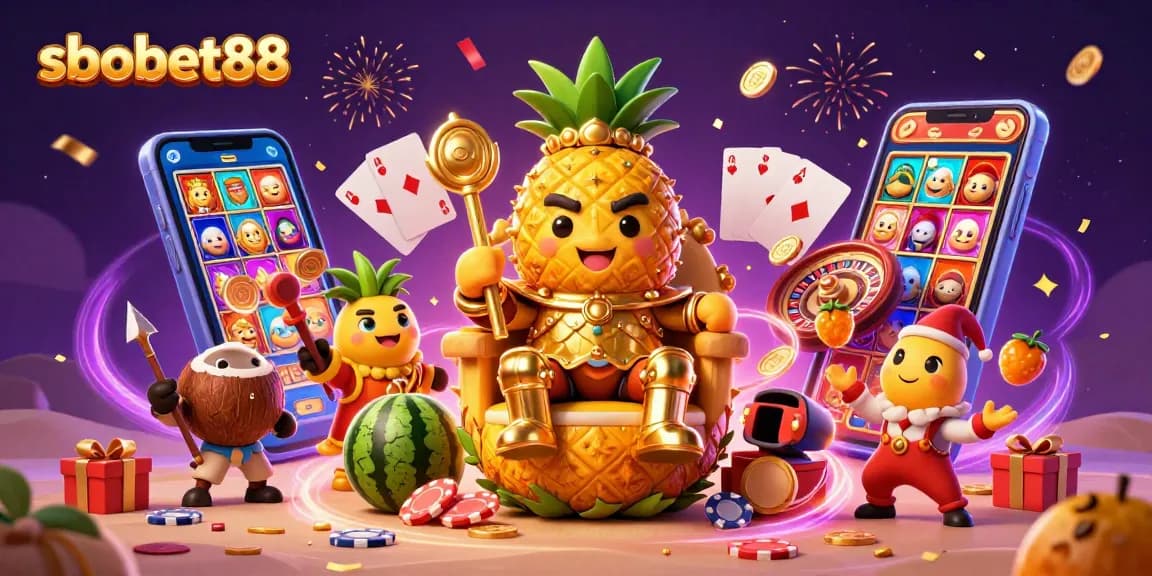 Menang besar di sbobet88 dengan ilustrasi kasino penuh warna dan suasana meriah.