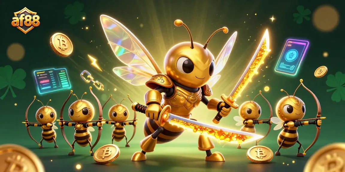 Play engaging games at af88 with a stunning golden hornet and cryptocurrency elements in a vibrant casino atmosphere.
