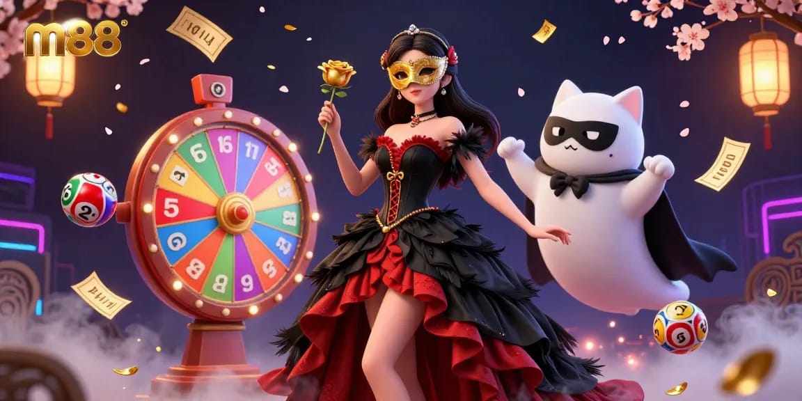Experience the excitement of m88 with vibrant lottery elements and captivating characters in a 3D casino scene.