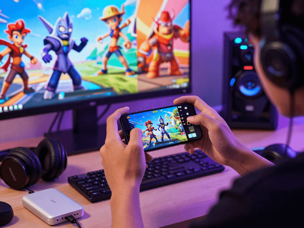 bd188: Aktibong gumagamit na naglalaro ng mobile game sa smartphone sa makulay na kapaligiran