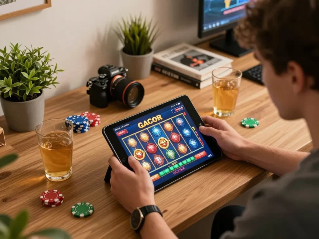 Player engaged with slot gacor game on tablet in a cozy home setting, showcasing responsible gambling.