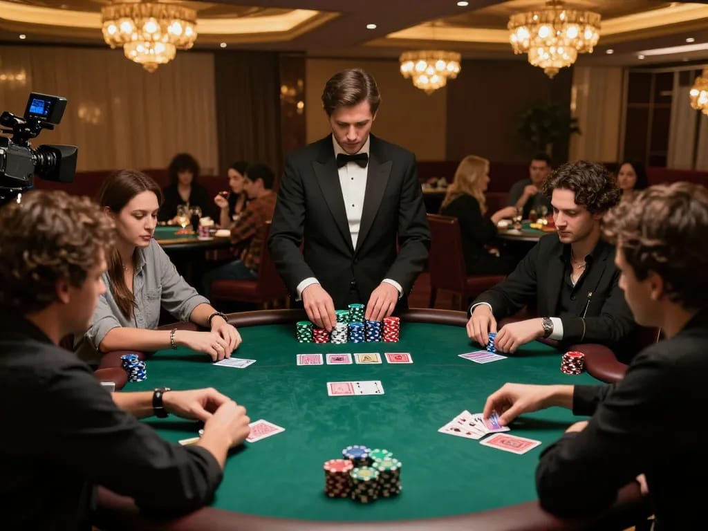 Pemain yang terlibat dalam permainan poker toto strategis di tengah lingkungan kasino yang mewah.