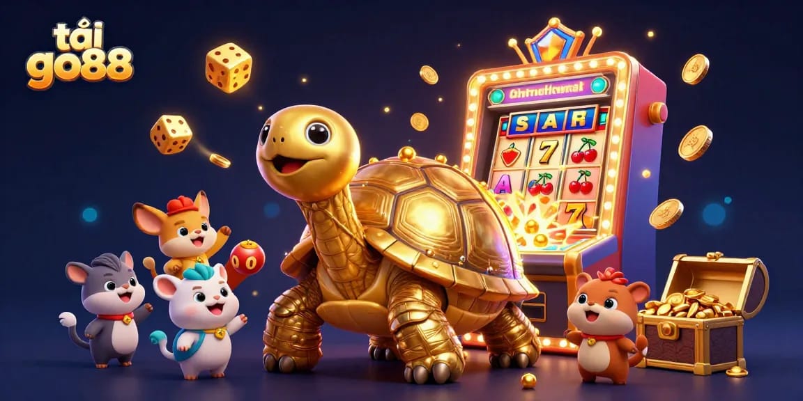 Tải go88 vibrant casino scene with cartoon tortoise, slot machine riches & games.