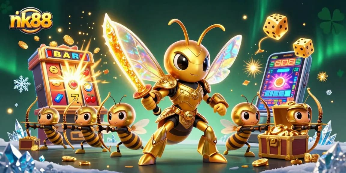 Experience the thrill of nk88 with a dynamic casino scene featuring vibrant golden characters and exciting slot machine elements.