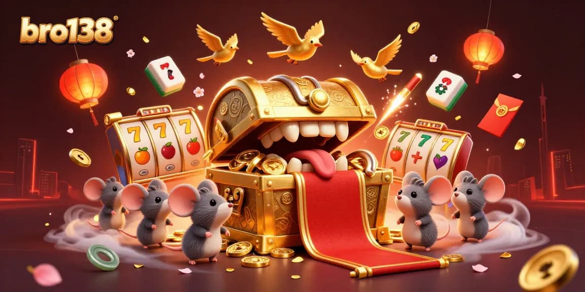 Engage with bro138's vibrant casino adventure featuring a treasure chest and dynamic slot reels.
