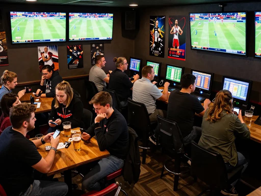 S8 sports fans placing bets at a lively sports bar during match events