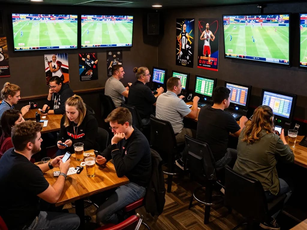 S8 sports fans placing bets at a lively sports bar during match events