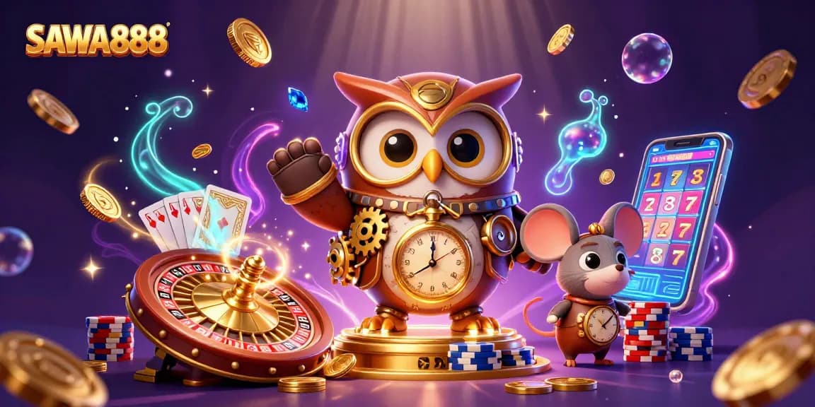 Sparkling coins and a lucky owl illustrate SAWA888, the ultimate online casino experience for players.