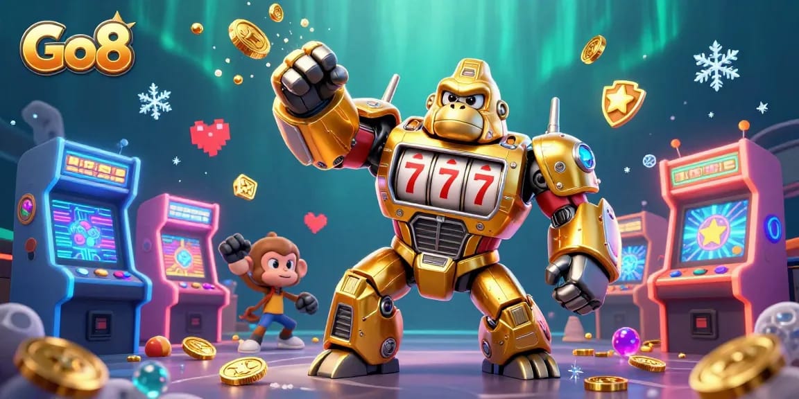 Experience thrilling gaming action at Go8 with the golden gorilla mech in a vibrant casino setting.