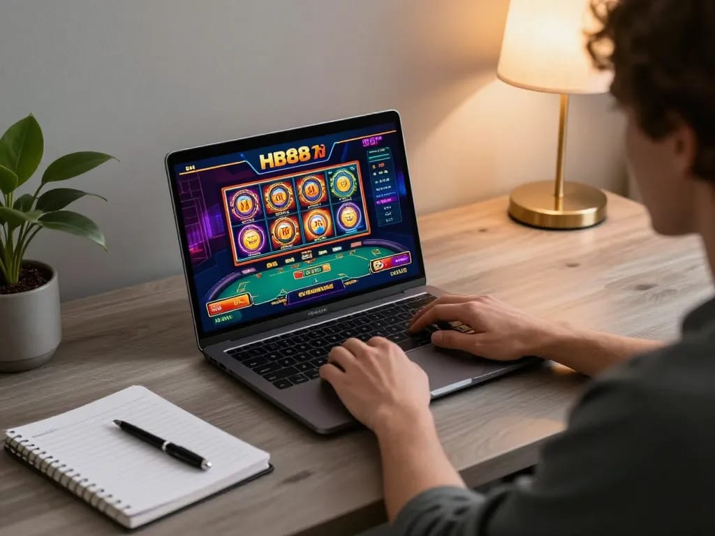Player enjoying HB88's online casino games on a laptop, showcasing a cozy gaming setup with strategic notes