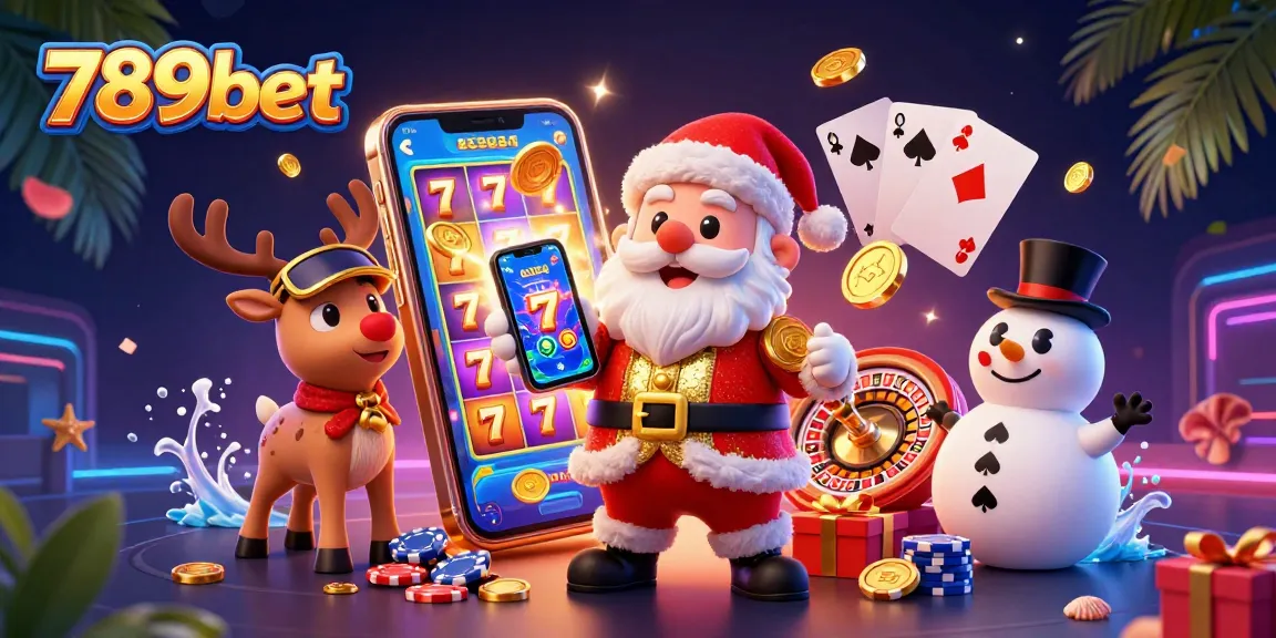 Experience the excitement of 789bet with Santa and friends in a vibrant casino-themed scene.