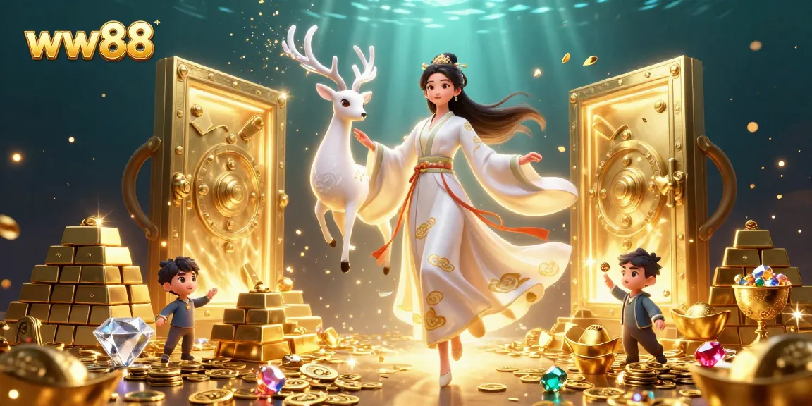 Experience the excitement of ww88 with a stunning 3D illustration showcasing modern hanfu and golden treasures.