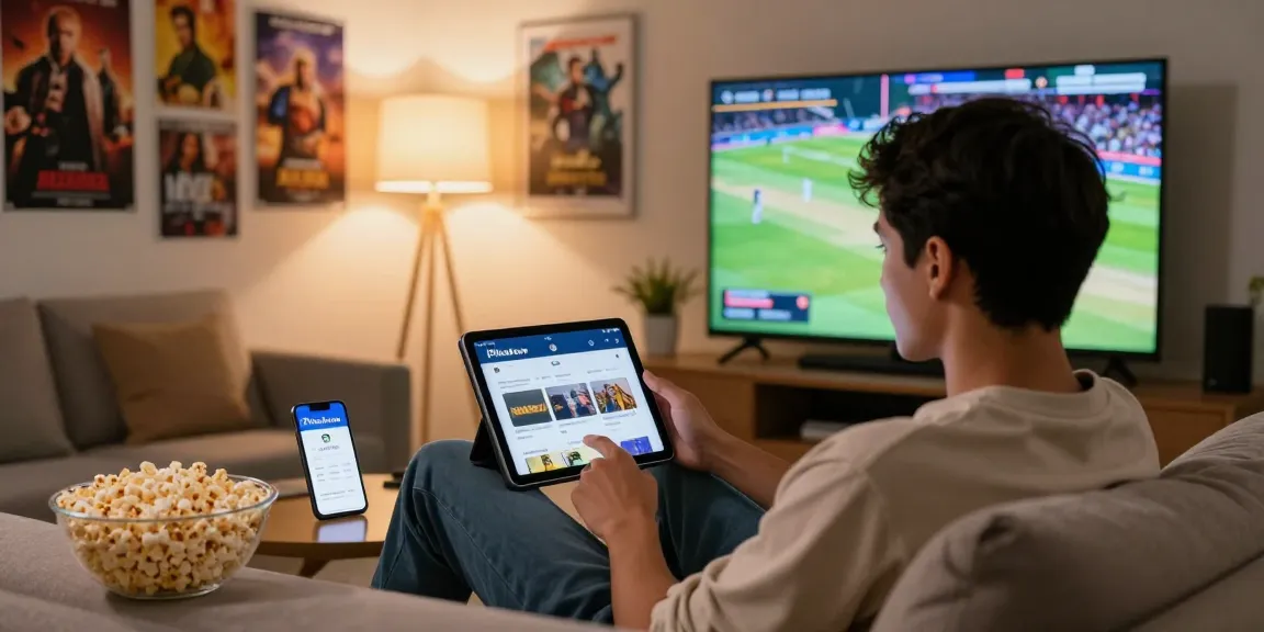 Pikashow app on a tablet in a cozy living room during a movie night.
